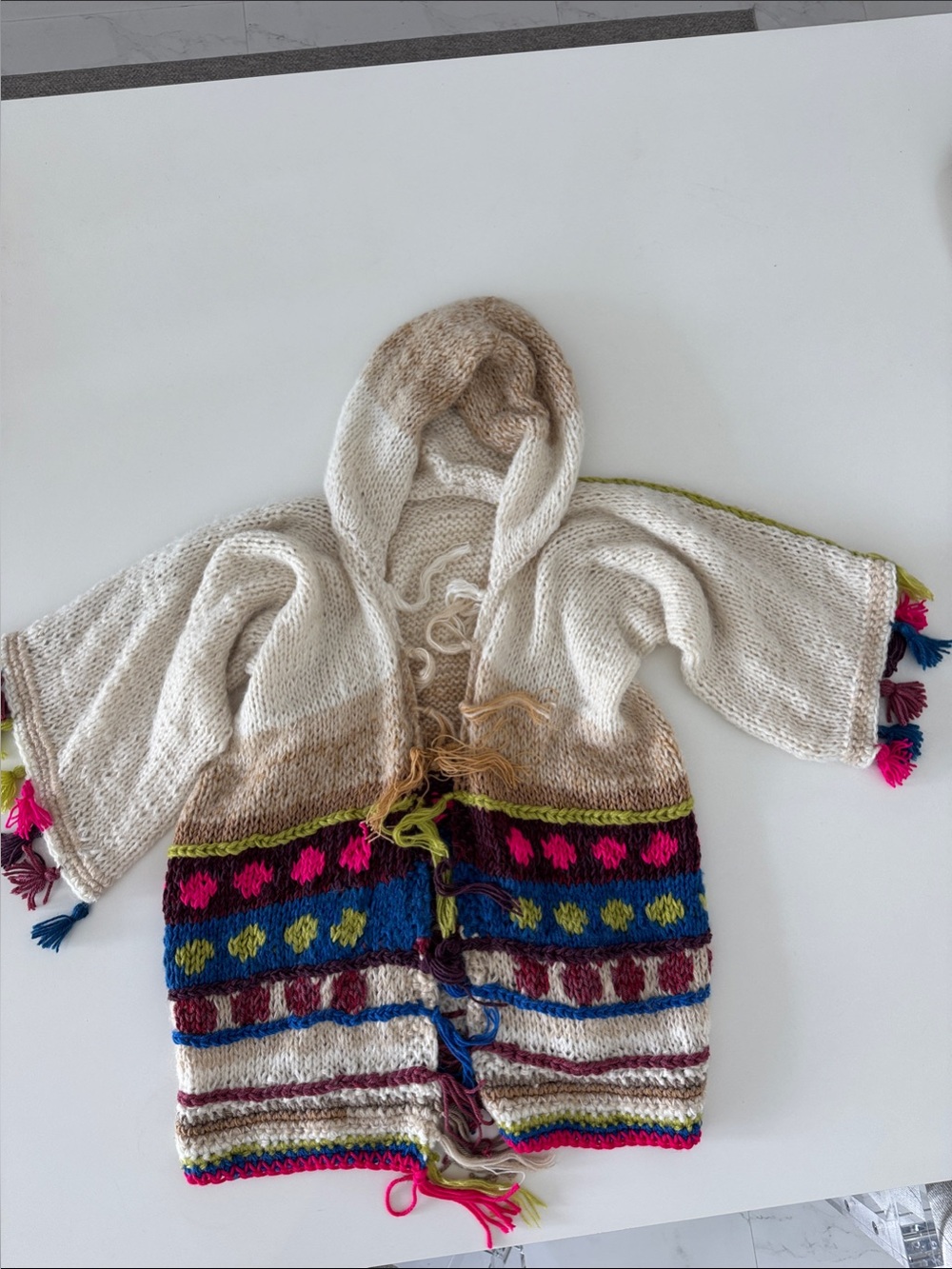 Women's Hooded Hippie Knit Cardigan Jacket in Cream with Multicolor Accents